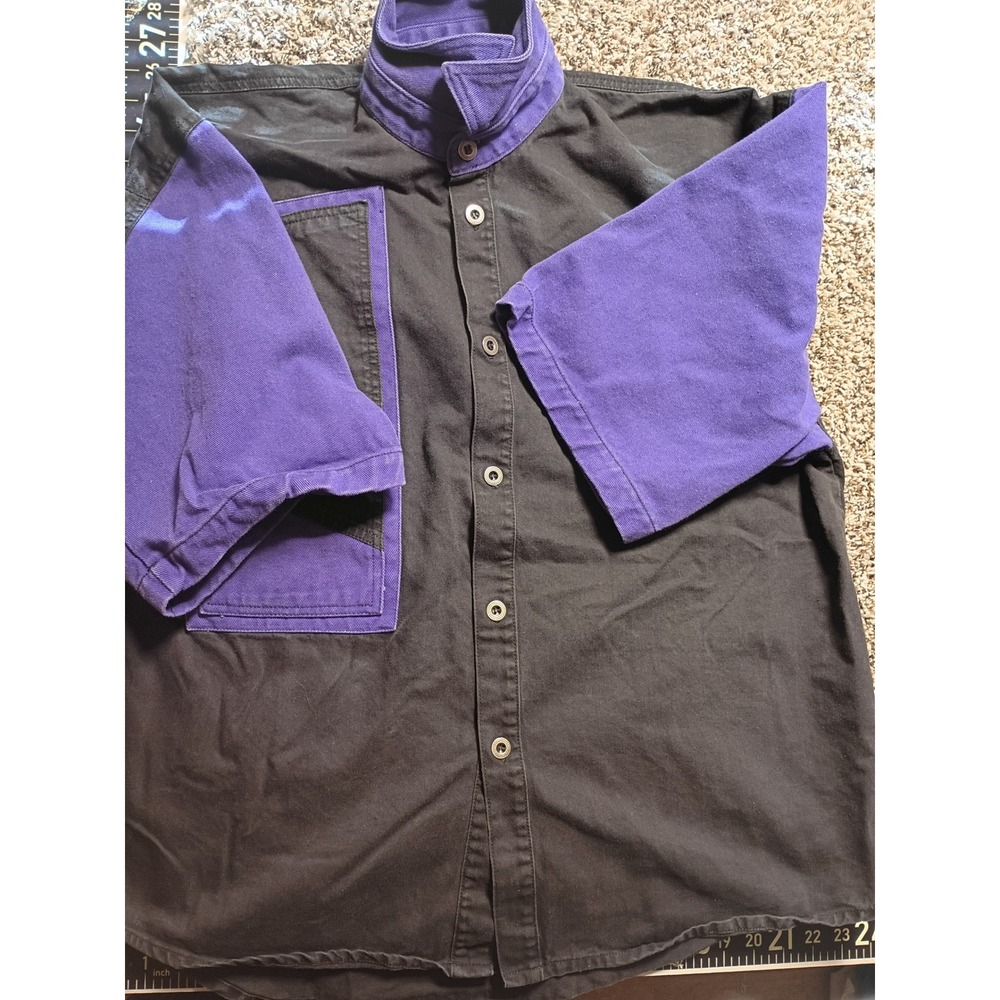 Vintage Machine Mens Large Color Block Cotton Canvas Button Down Shirt Purple - Picture 2 of 9